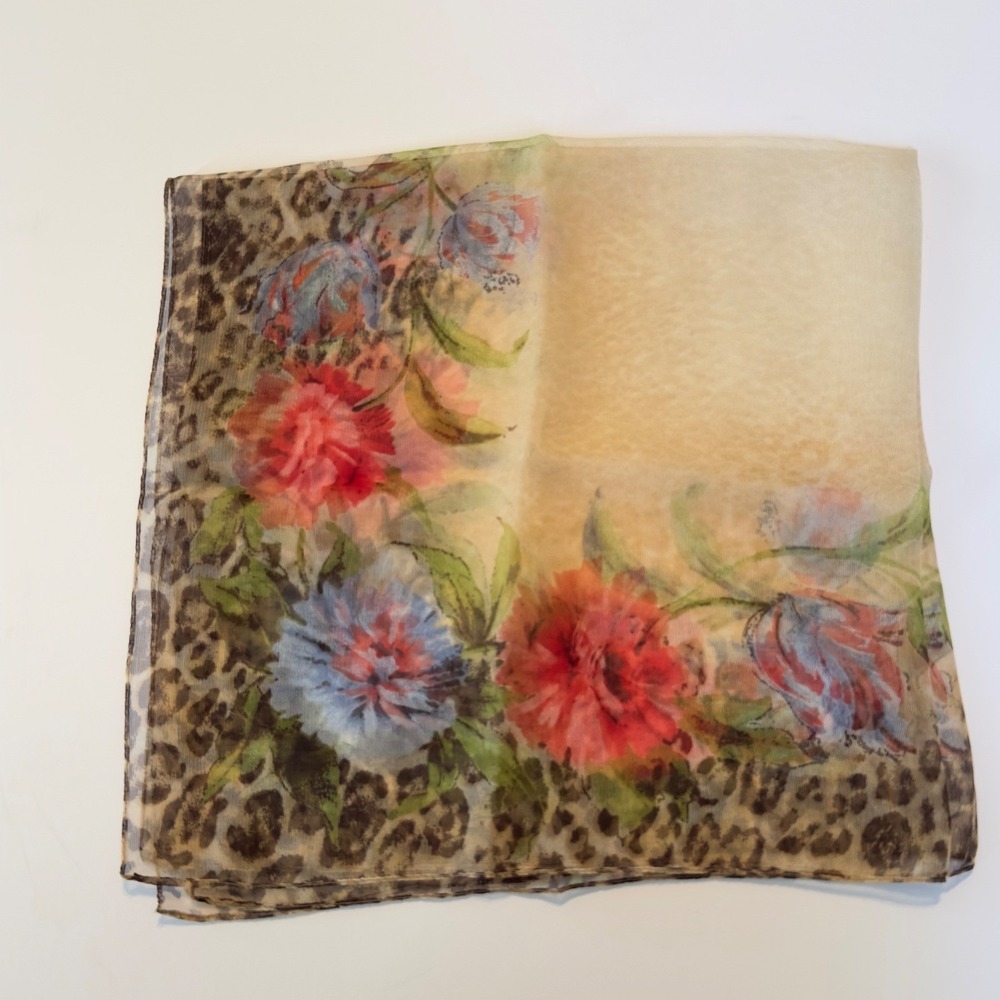 George Italy Square Scarf Leopard Floral Animal Print‎ Cream Blue CottageCore